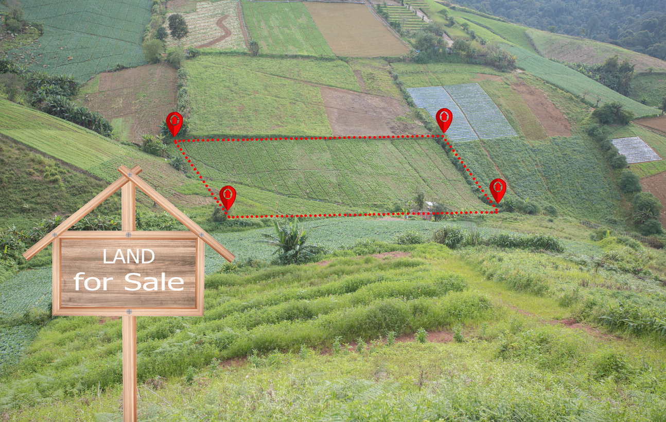 Land plot or land lot. Consist of aerial view of green field, position point and boundary line to show location and area.